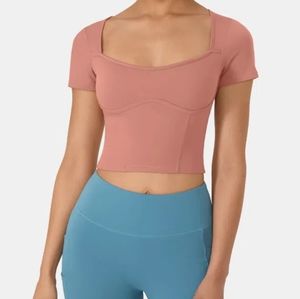 Halara pink padded u neck short sleeve cropped yoga sports top small